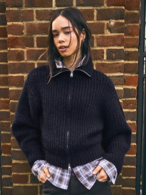 Bershka Kardigan Z Zamkiem I Wysokim Kołnierzem Kobieta Niebieski