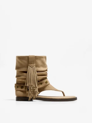 Bershka Klapki Na Płaskiej Podeszwie Z Frędzlami Kobieta Piaskowy