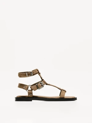 Bershka Klapki Na Płaskiej Podeszwie Ze Sprzączkami Kobieta Piaskowy