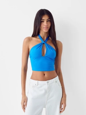 Bershka Kopertowy Top Z Dekoltem Halter Kobieta Turkusowy