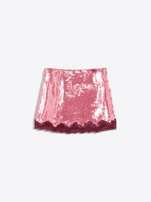 Bershka Koronkowa Spódnica Mini Z Cekinami Kobieta Różowy
