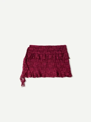 Bershka Koronkowa Spódnica Mini Z Falbaną Kobieta Rubinowy