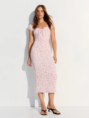 Bershka Koronkowa Sukienka Midi Z Nadrukiem Kobieta Różowy