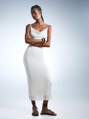 Bershka Koronkowa Sukienka Średniej Długości Kobieta Biały Złamany