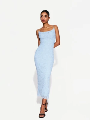 Bershka Koronkowa Sukienka Średniej Długości Kobieta Jasnoniebieski