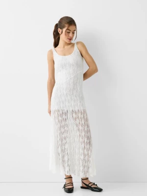 Bershka Koronkowa Sukienka Średniej Długości Na Ramiączkach Kobieta Biały