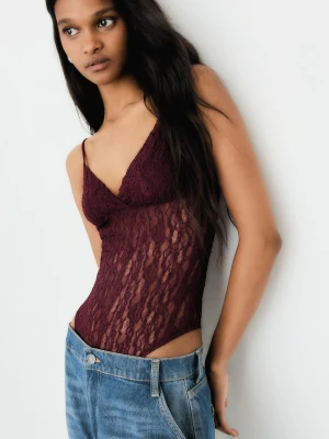 Bershka Koronkowe Body Na Ramiączkach Kobieta Bordowy