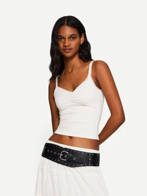 Bershka Koronkowy Top Na Ramiączkach Kobieta Biały Złamany