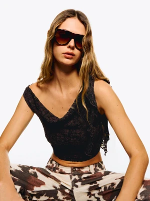Bershka Koronkowy Top Z Falbanami Kobieta Brązowy