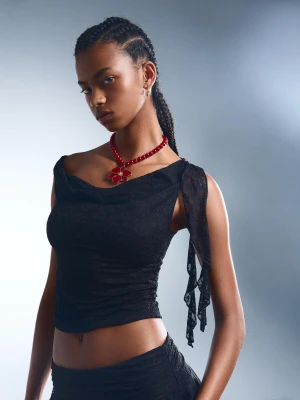 Bershka Koronkowy Top Z Falbanami Kobieta Czarny