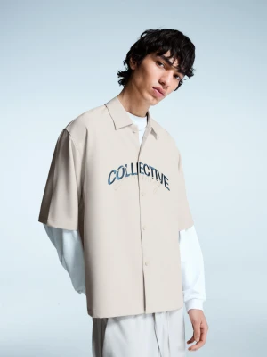 Bershka Koszula Boxy Tailoring Z Haftem Mężczyzna Kremowy