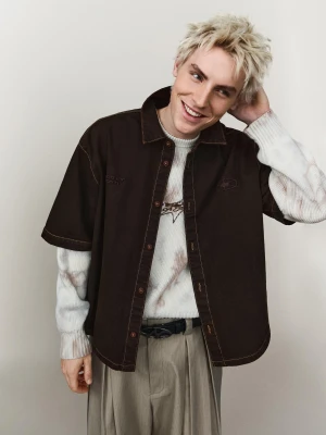 Bershka Koszula Boxy Z Haftem Mężczyzna Brązowy