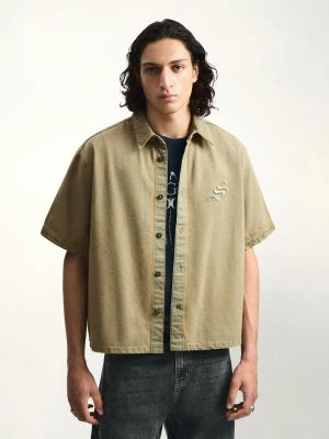 Bershka Koszula Boxy Z Krótkim Rękawem Z Teksturą Mężczyzna Khaki