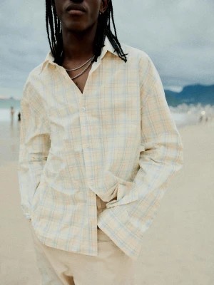 Bershka Koszula Oversize W Kratę Z Długim Rękawem Mężczyzna Kremowy