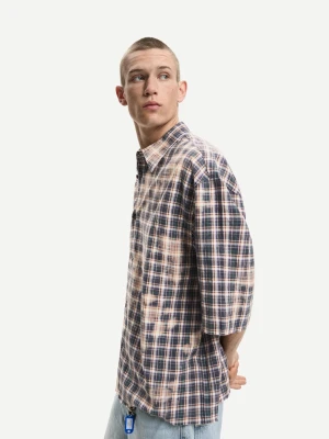 Bershka Koszula Oversize W Kratkę Z Krótkim Rękawem Mężczyzna Kremowy