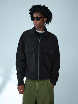 Bershka Koszula Wierzchnia Boxy Z Flaneli, Zapinana Na Suwak Mężczyzna Czarny