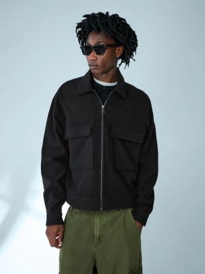 Bershka Koszula Wierzchnia Boxy Z Flaneli, Zapinana Na Suwak Mężczyzna Czarny