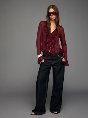 Bershka Koszula Z Długim Rękawem I Falbankami Kobieta Bordowy