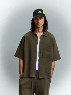 Bershka Koszula Z Krótkim Rękawem Gofr Mężczyzna Khaki