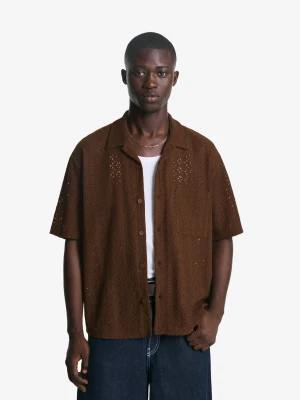 Bershka Koszula Z Krótkim Rękawem I Haftem Mężczyzna Brązowy