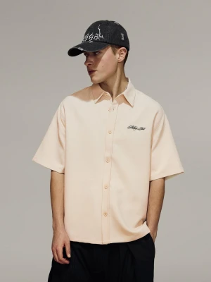 Bershka Koszula Z Krótkim Rękawem I Haftem Mężczyzna Kremowy