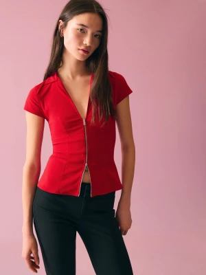 Bershka Koszula Z Krótkim Rękawem I Zamkiem Błyskawicznym Kobieta Czerwony