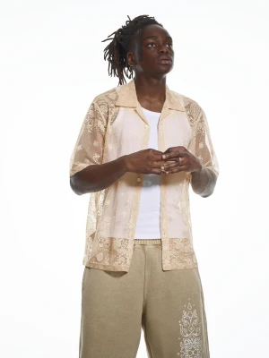 Bershka Koszula Z Krótkim Rękawem Koronka Aries X Bershka Mężczyzna Kremowy