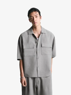 Bershka Koszula Z Krótkim Rękawem O Kroju Krawieckim Mężczyzna Szary