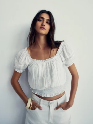 Bershka Koszula Z Krótkim Rękawem W Stylu Rustykalnym Kobieta Biały