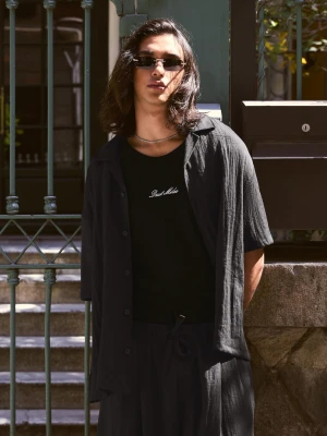 Bershka Koszula Z Krótkim Rękawem W Stylu Rustykalnym Mężczyzna Czarny