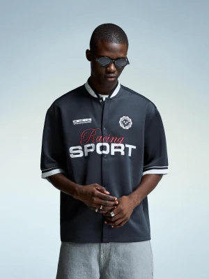 Bershka Koszula Z Krótkim Rękawem Z Haftem Mężczyzna Granatowy