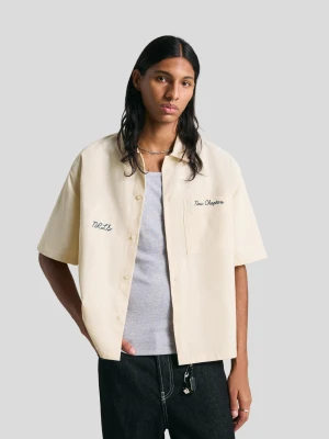 Bershka Koszula Z Krótkim Rękawem Z Haftowanej Sztruksówki Mężczyzna Kremowy