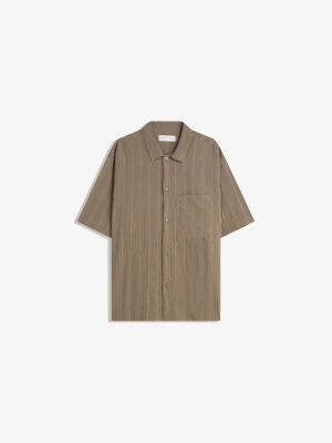 Bershka Koszula Z Krótkim Rękawem Z Tkaniny Strukturalnej W Paski Mężczyzna Piaskowy