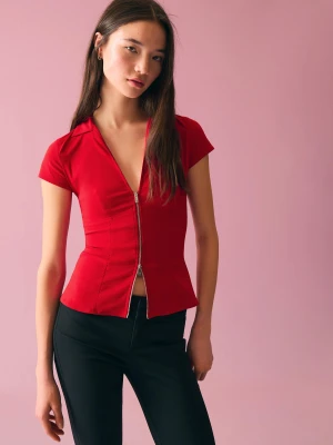 Bershka Koszula Z Krótkim Rękawem, Zamkiem Błyskawicznym I Nadrukiem Kobieta Czerwony