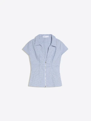 Bershka Koszula Z Krótkim Rękawem, Zamkiem Błyskawicznym I Nadrukiem Kobieta Niebieski