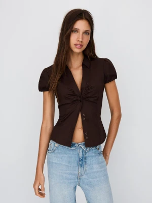 Bershka Koszula Z Popeliny Z Krótkim Rękawem I Wiązaniem Kobieta Brązowy