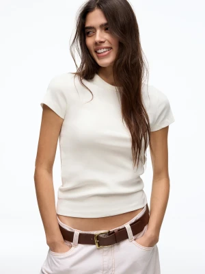 Bershka Koszulka Basic Rib Z Krótkim Rękawem Kobieta Biały Złamany