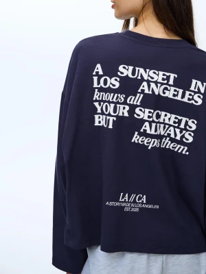 Zdjęcie produktu Bershka Koszulka Boxy Z Długim Rękawem I Nadrukiem Kobieta Granatowy