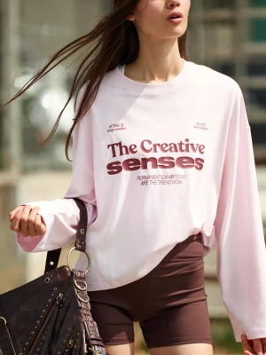 Bershka Koszulka Boxy Z Długim Rękawem I Nadrukiem Kobieta Różowy