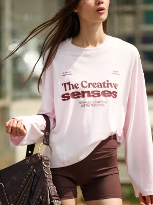 Bershka Koszulka Boxy Z Długim Rękawem I Nadrukiem Kobieta Różowy