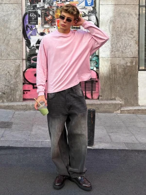 Bershka Koszulka Boxy Z Długim Rękawem Mężczyzna Różowy