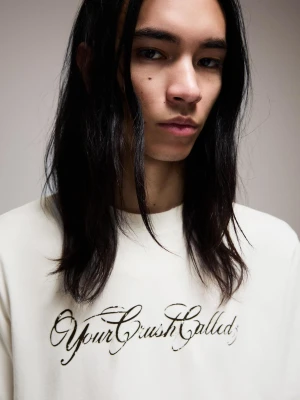 Bershka Koszulka Boxy Z Krótkim Rękawem I Nadrukiem Mężczyzna Biały