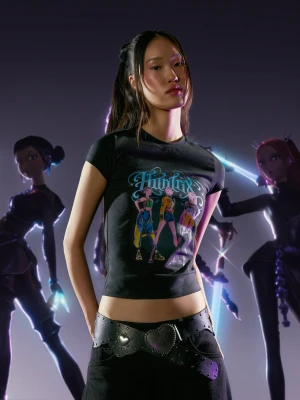 Bershka Koszulka Kpop Demon Hunters Huntr/X Z Krótkim Rękawem I Nadrukiem Kobieta Szary