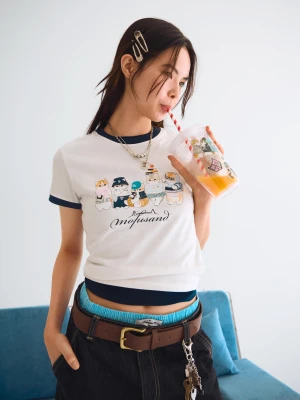 Bershka Koszulka Mofusand Z Krótkim Rękawem I Nadrukiem Kobieta Biały Złamany