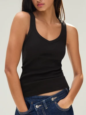 Bershka Koszulka Na Ramiączkach Basic Rib Kobieta Czarny