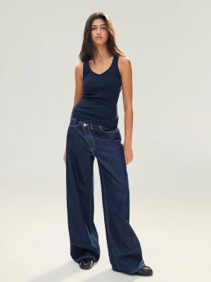 Bershka Koszulka Na Ramiączkach Basic Rib Kobieta Granatowy