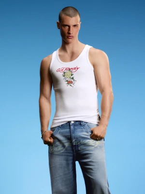 Bershka Koszulka Na Ramiączkach Z Nadrukiem Ed Hardy X Bershka Mężczyzna Biały