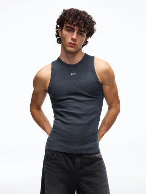 Bershka Koszulka Na Ramiączkach Z Nadrukiem Gofr Mężczyzna Niebieski