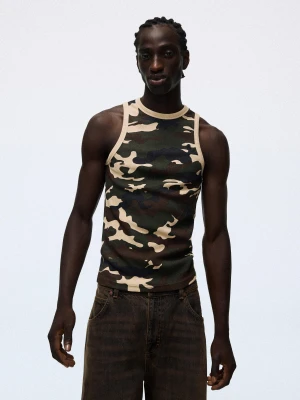 Bershka Koszulka Na Ramiączkach Z Nadrukiem Gofr Mężczyzna Khaki