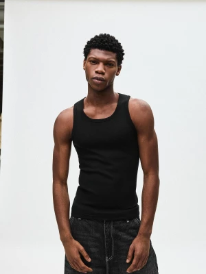 Bershka Koszulka Na Ramiączkach Z Prążkowanej Dzianiny Rib Mężczyzna Czarny